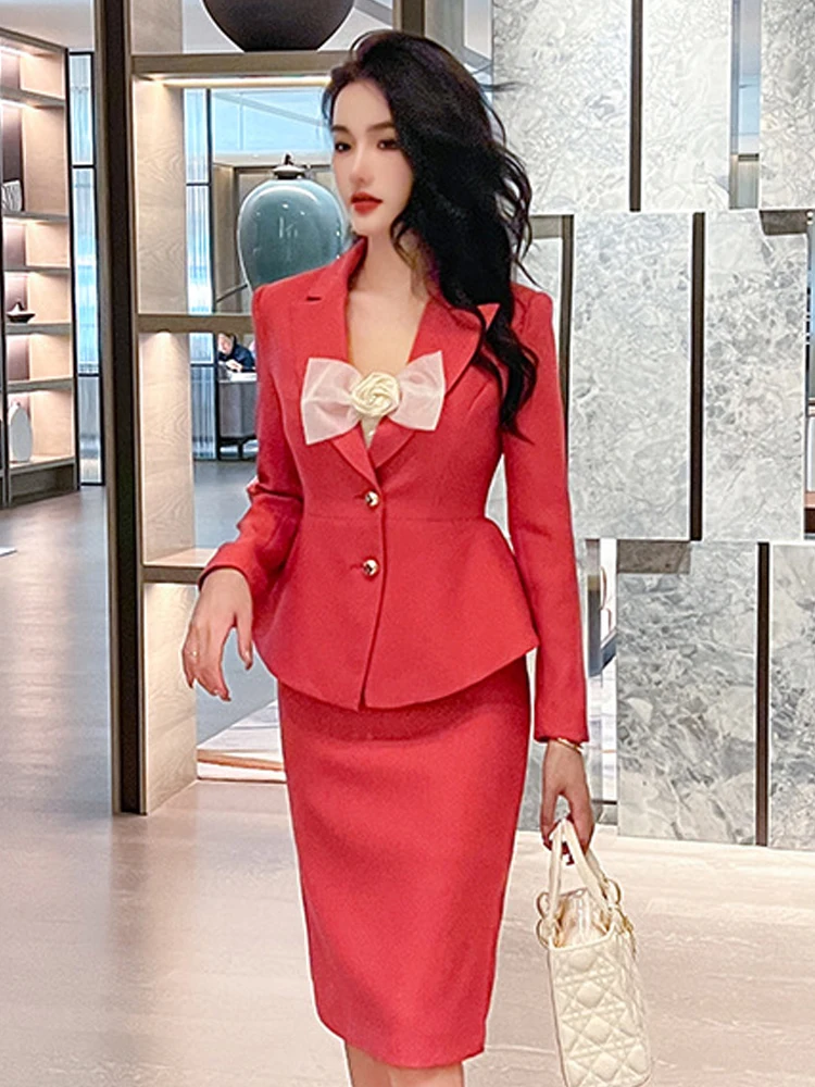 

Women's Fashion Elegant 2 Pieces Suit Dress Sets Professional Coat Exquisite Jacket Shiny Sequins Rose Strap Robe Vestido Outfit