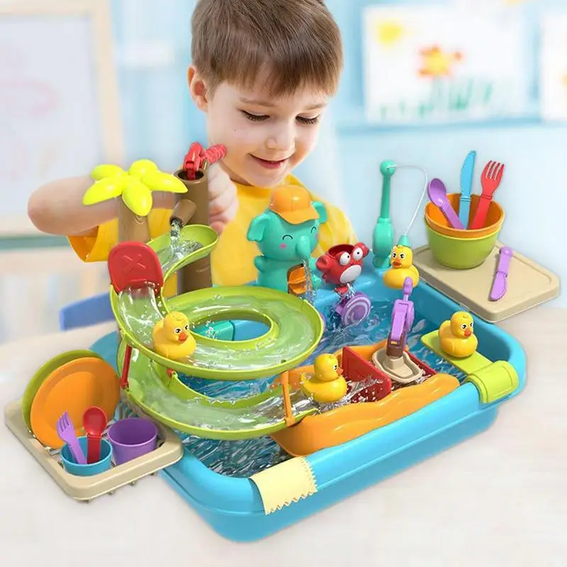 Kids Working Sink 4-in-1 Water Table Pretend Toy Pool Floating & Fishing Toys Dishwasher Playing Toy With Slide Track For Kids