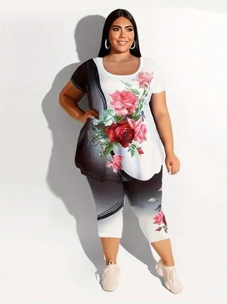 

Комплект из двух предметов больших размеров: повседневная футболка и брюки с круглым вырезом и контрастным принтом розы