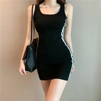 Image Summer Women Casual Sheath Dress Lady Spaghetti Strap Sleeveless Sexy Stretch Slim Dress Vestidos QT030