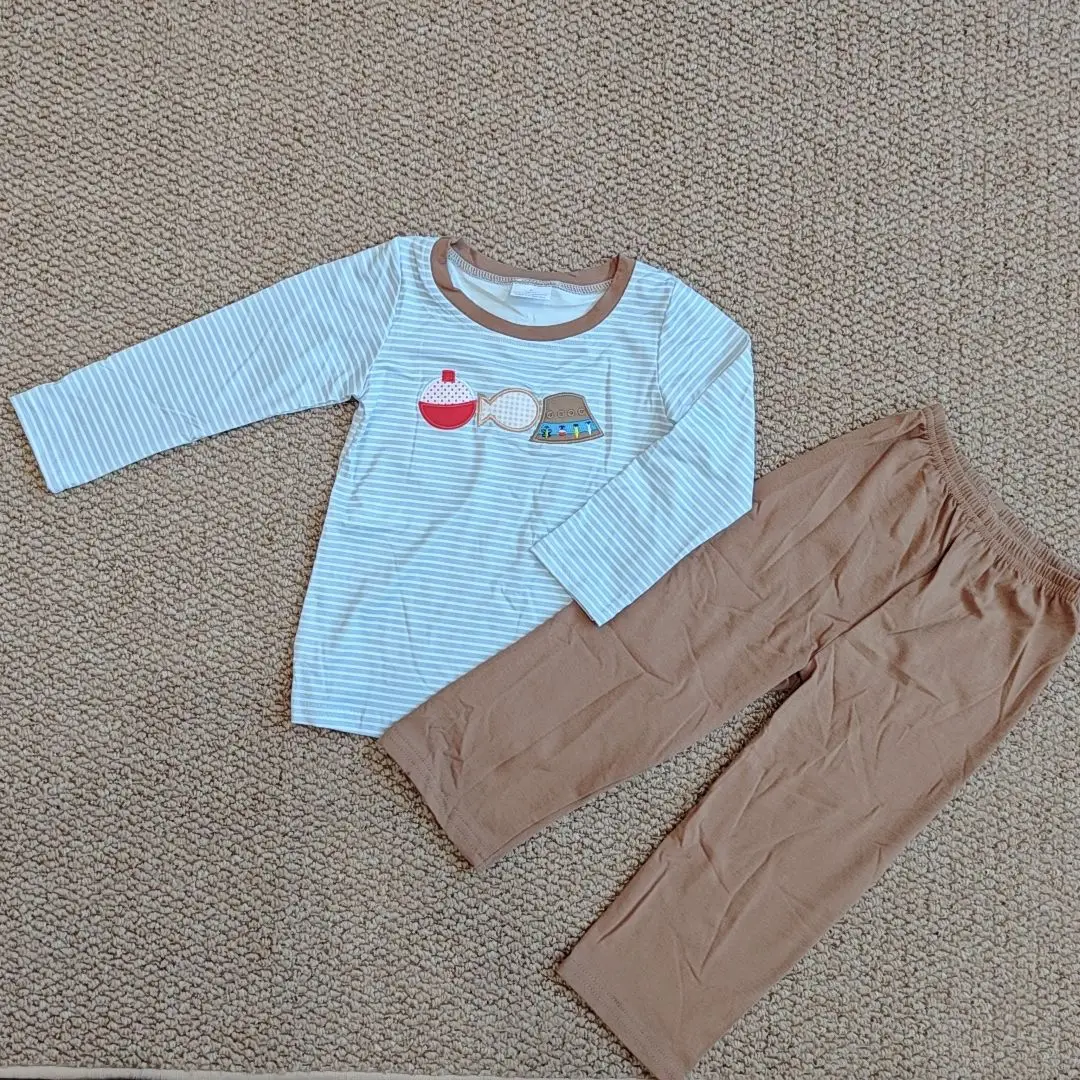 

9.18 Wholesale western boutique children clothing Baby Boys Fishing Stripes Top Pants Clothes Sets