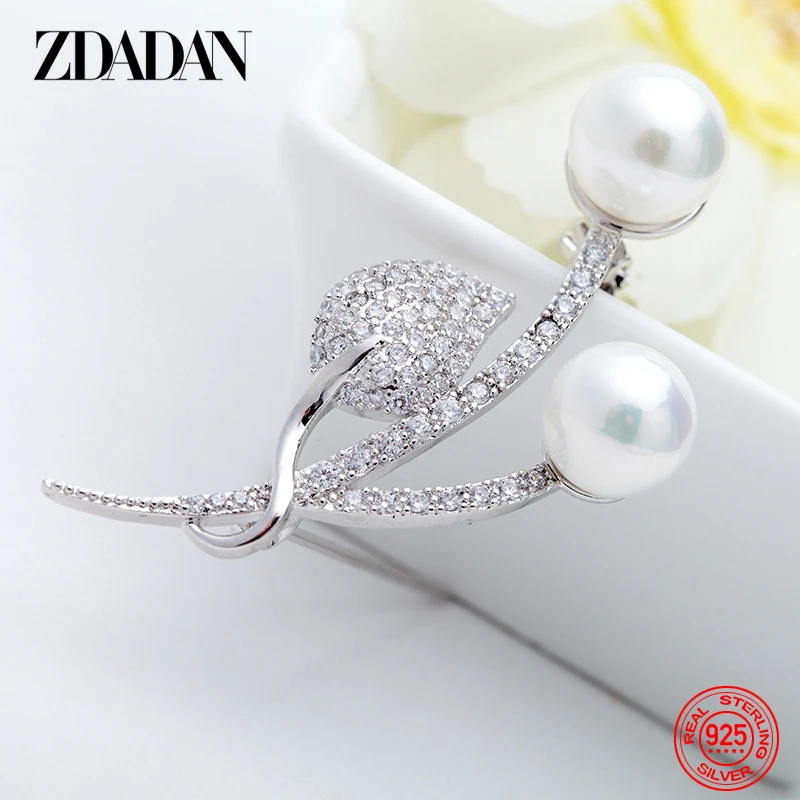 ZDADAN 925 Sterling Silver AAA Zircon Leaf Pearls Brooch For Women Fashion Wedding Jewelry Accessories