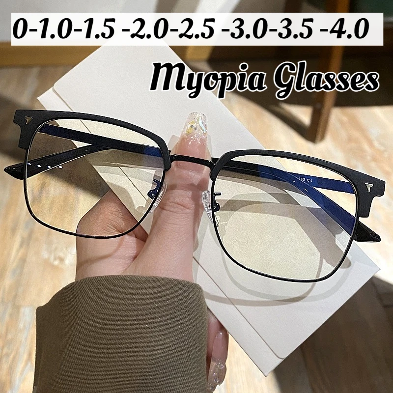 

Vintage Fashion Myopia Glasses Metal Half Frame Near Sight Clear Eyeglasses Unisex Blue Light Blocking Minus Diopters Eyewear