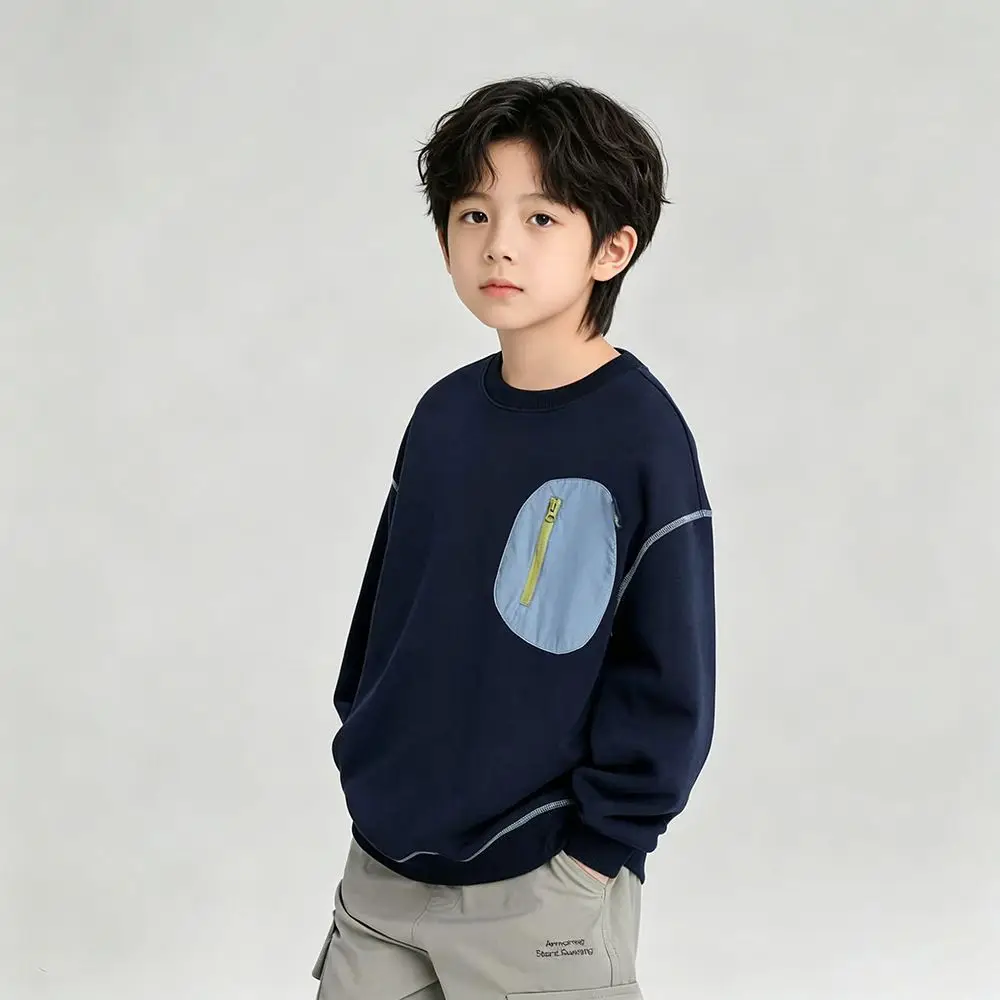 Mountain Style Boys Sweatshirt Cotton Outdoor Colorblock Pocket Top Autumn Spring Casual Crewneck Kids Shirt