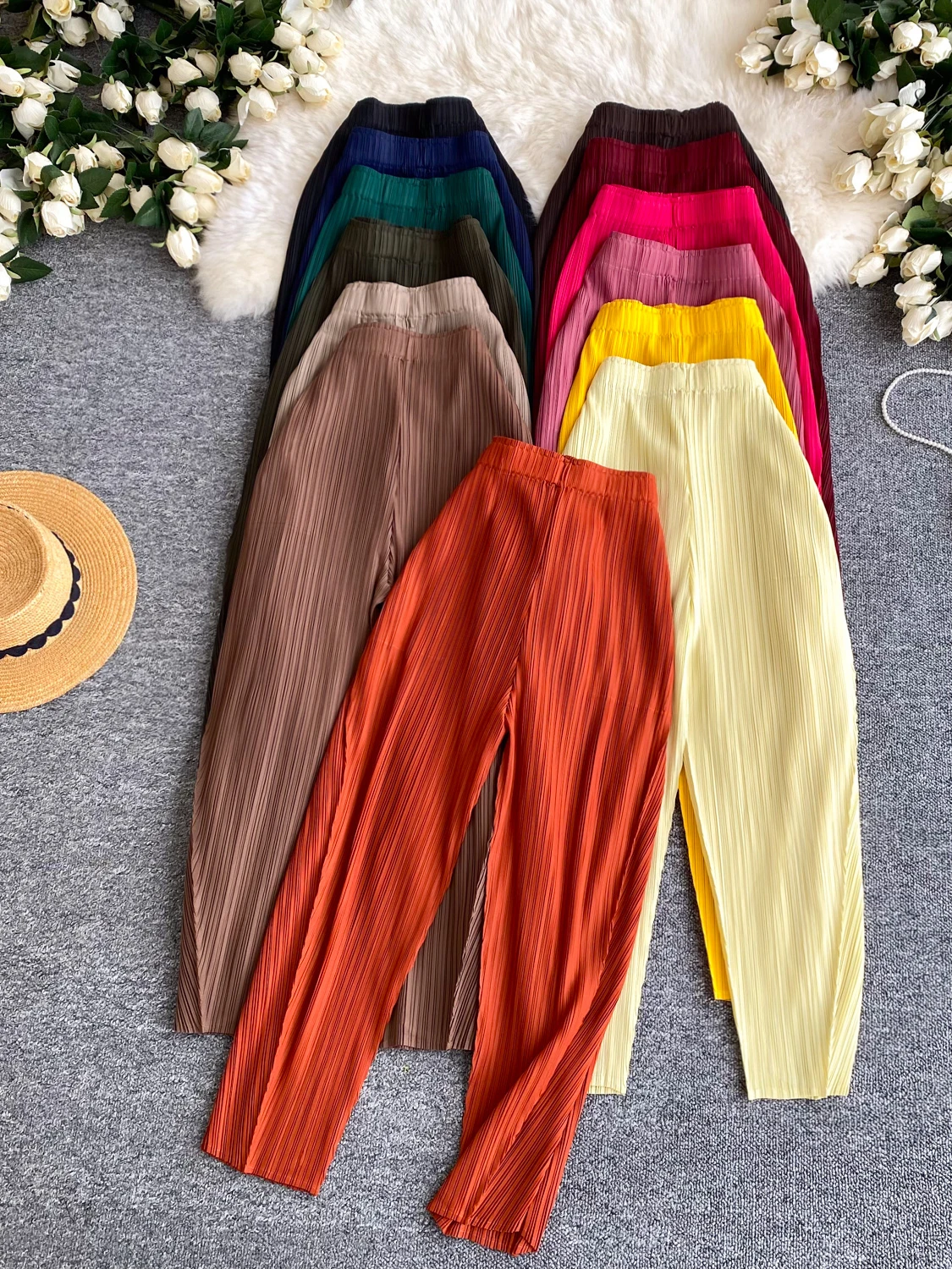 

Корейские женские брюки с высокой талией, плиссированные, прямого кроя, для повседневной носки, весна 2026, вязаные, с эластичным поясом, облегающие, повседневные, P...