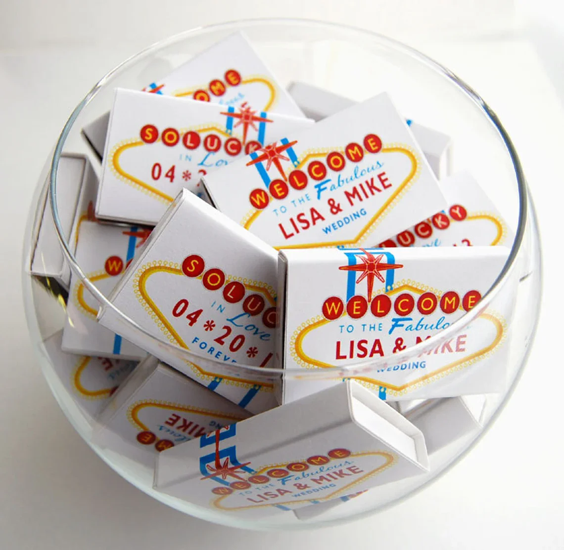 Wedding matchbox favors, personalized birthday anniversary celebration -- Push your luck with Vegas Lites