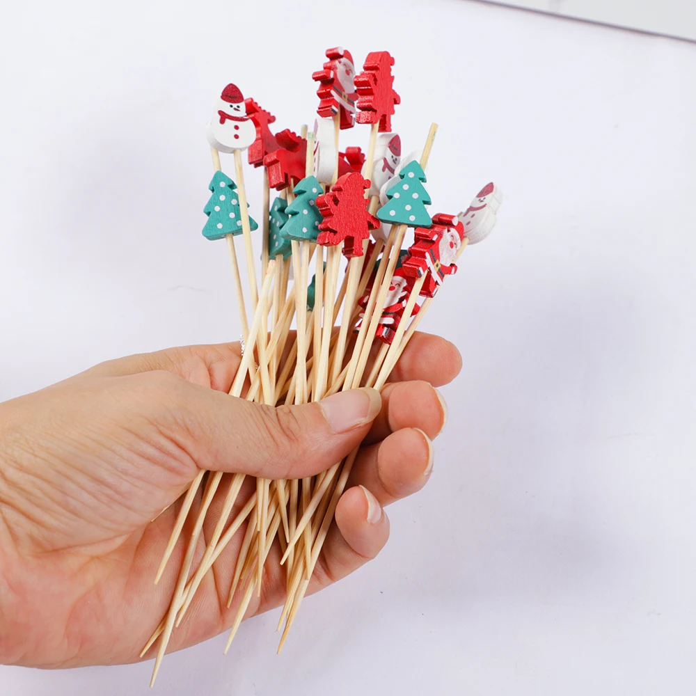 100Pcs Christmas Tree Snowman Disposable Bamboo Skewers Food Picks Fruit Fork Christmas Party Decor Cake Dessert Toothpick