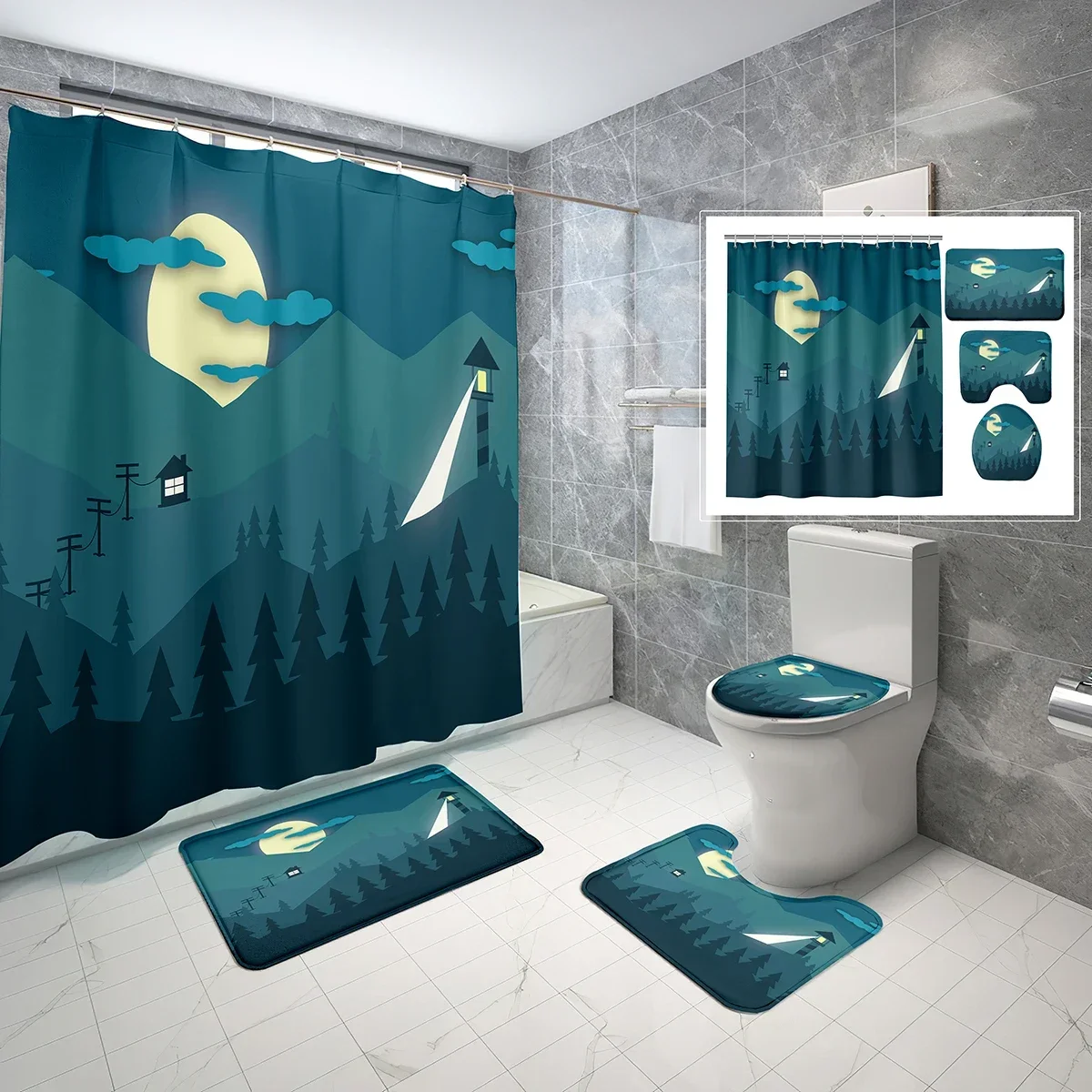 Stars Background Shower Curtain Sets 4 Pcs Minimalist Mountains Moon Clouds Non-Slip Bath Mat Toilet Cover Shower Curtain Set