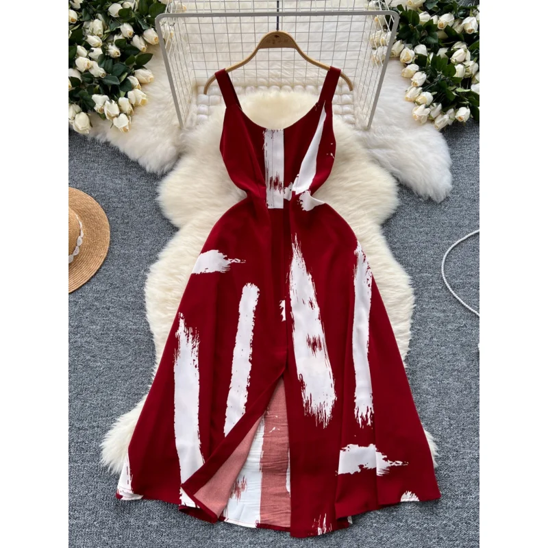 Boho Vintage Chic Frauen Sommer Blumendruck langes Kleid sexy Spaghettiträger Split Kleider elegante Tunika Strandurlaub Vestidos