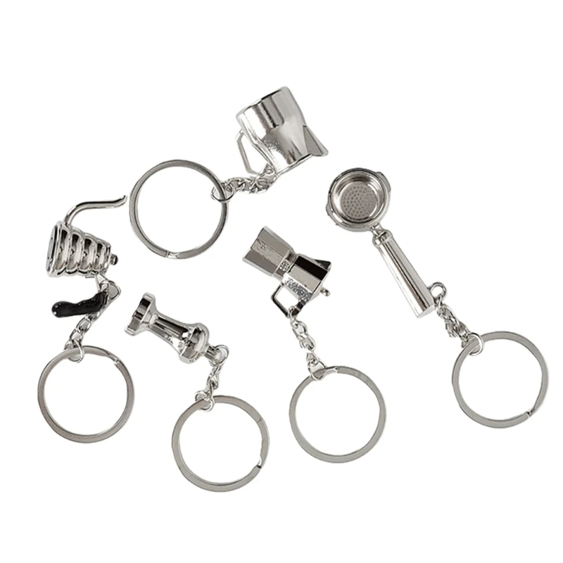 Pack of 5 Metal Keychain with Miniature Coffee Tool Metal Keyring Accessory Coffee Tool Bag Pendant for Coffee Devotees