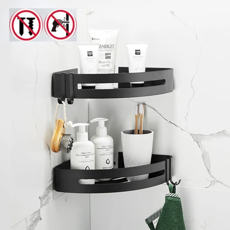 Bathroom Shelf Organizer Shower Storage Rack Black Corner Shelves Wall Mounted Aluminum Toilet Shampoo Holder No Drill