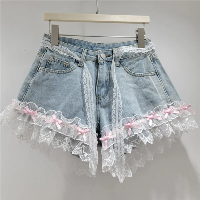 Lace Mesh Denim Shorts for Women Light Wash High Waist A-Line Wide Leg Hot Pants Summer Casual Trendy Youthful Shorts