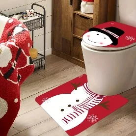 Christmas Bathroom Floor Mat Set Winter Snow Snowman Vintage Christmas Theme Bathtub Toilet Decoration