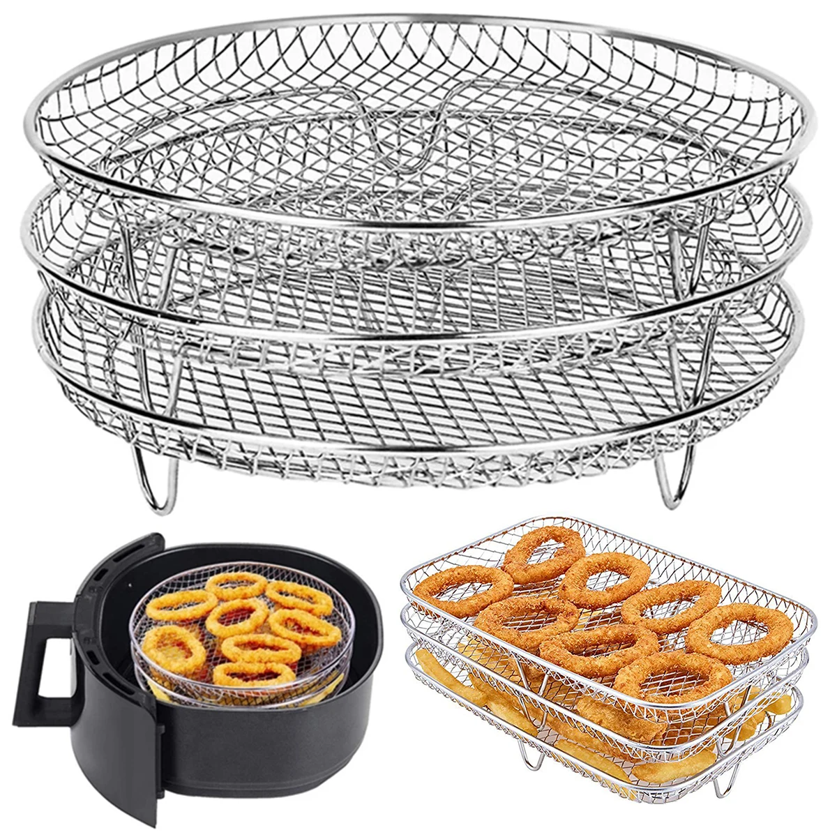 3-stufiger Luftfritteusenständer, Dörrständer, Kochgeschirr, Dampfgarer, Kochen, Backen, Topfständer, Küchenhelfer, Backform, BBQ, Grillkocher