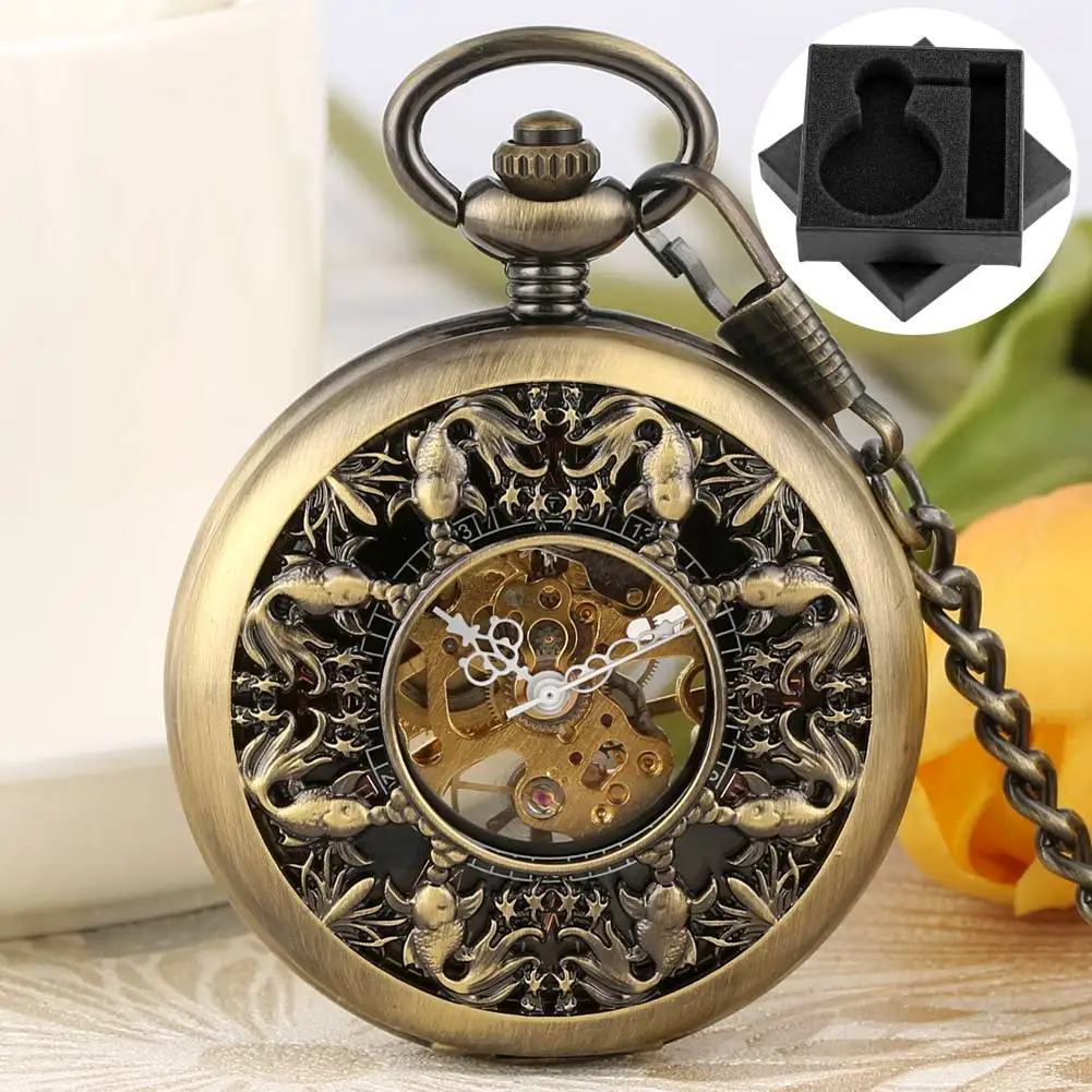 الرجعية البرونزية الأسماك الجوف الميكانيكية اليد لف ساعة جيب الأرقام الرومانية الهاتفي Steampunk خمر قلادة ساعة هدية الرجال