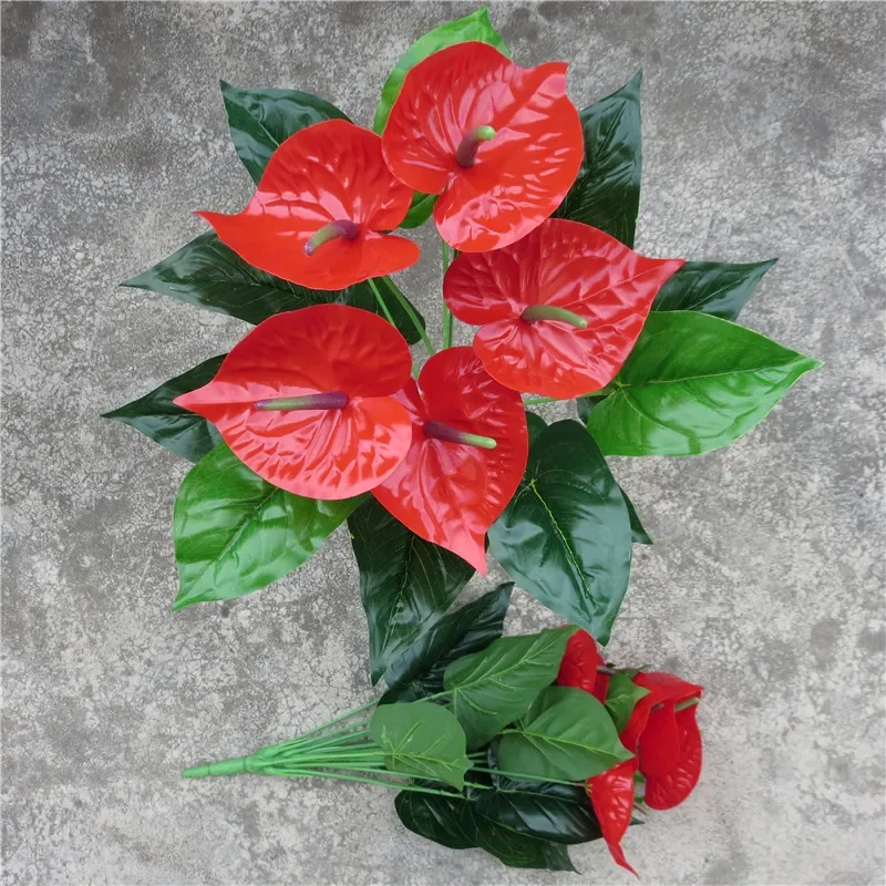 18 Heads 5 flowers Artificial Flower Plant Silk Potted Anthurium Office Decoration Bonsai flower Glass vase Hawaiian accessories