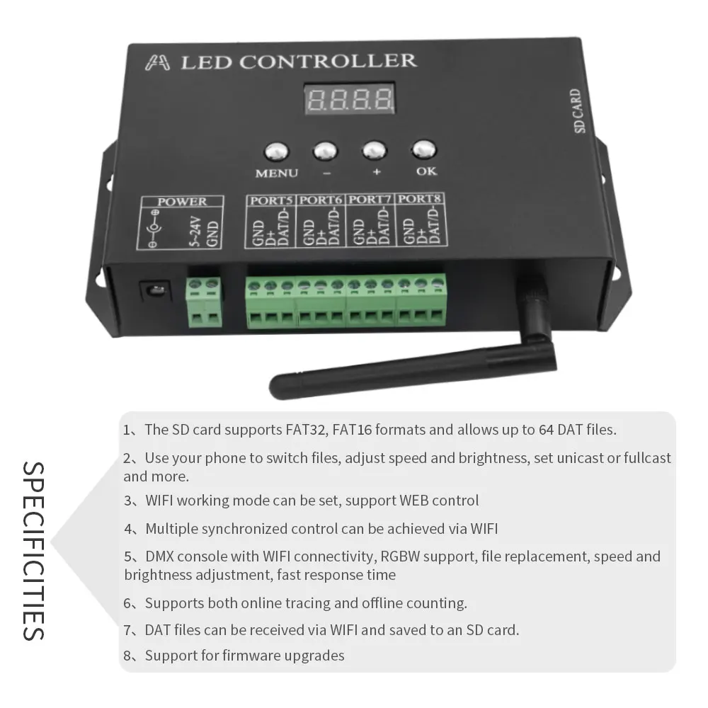 Controlador de píxeles LED Artnet a SPI, 8 puertos H807SBWiFI, 4 puertos, Compatible con software Madrix, LAN, sincronización de tarjeta SD, consola