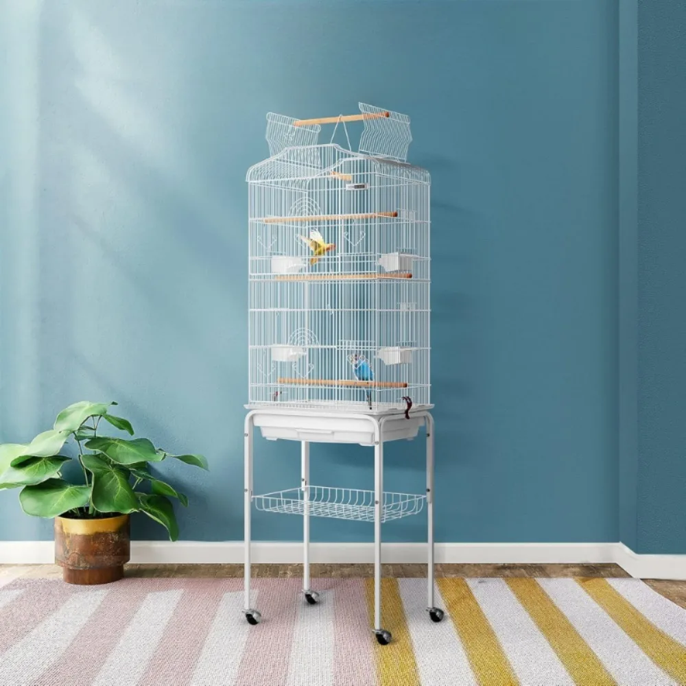 64 Inch Birdcage with Game Top and Rolling Bracket, Suitable for Parrots, Cone Tailed Parrots, Long Tailed Parrots, White