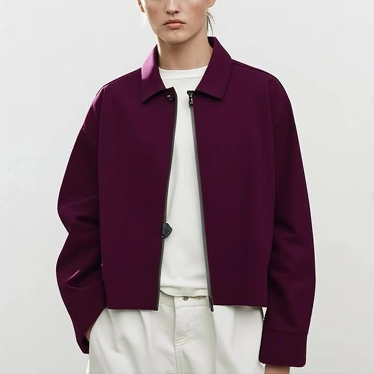 Z Women's Faionable Collared Jaet Versatile Personali Match Breathable Polyester Fiber Long Sve Zipper Closure