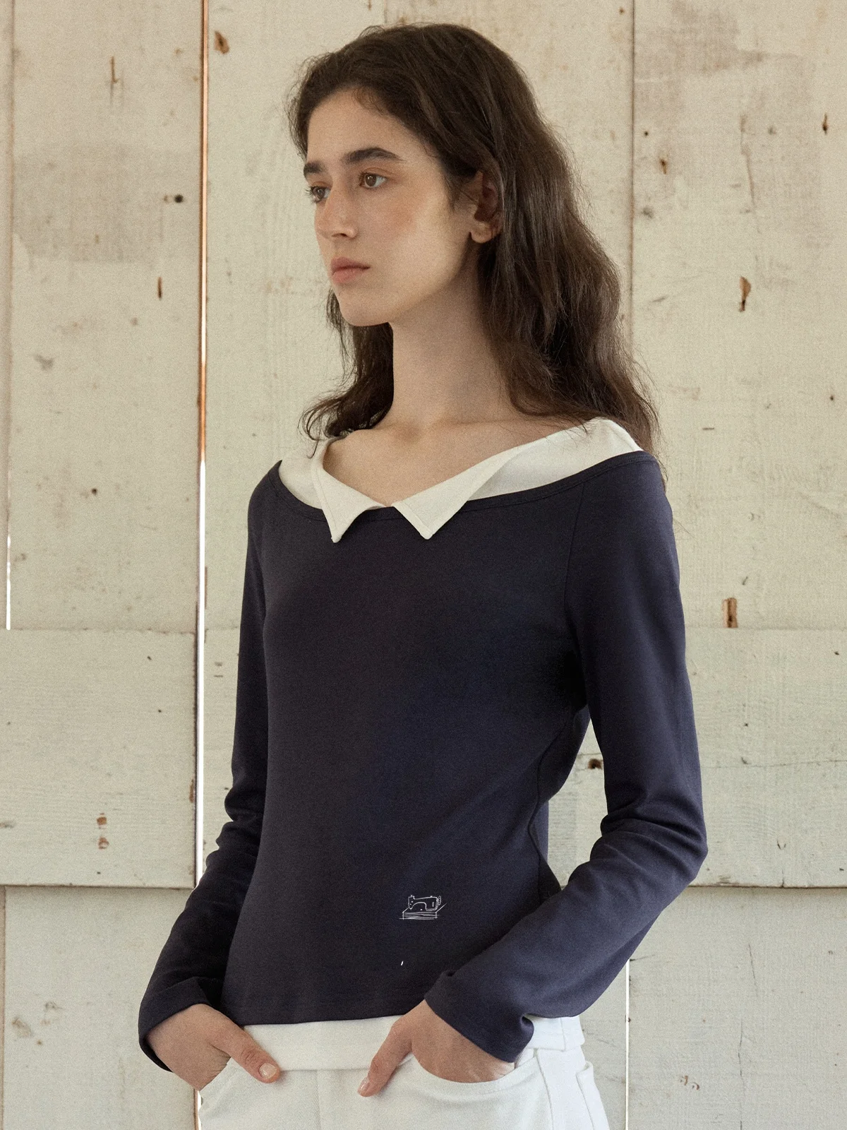 Nice People Cotton Soft Color Block Shoulder Long Sleeve T-Shirt Women's Slim Fit Casual Style Top Boat Neck Fake Two-Piece