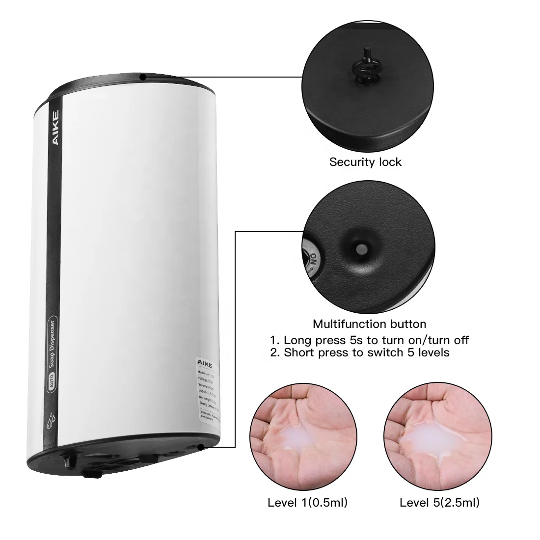 AK1209 ABS Plastic Luxury Hotel Kitchen Kids Wall Mount 850ml Shower Gel Refillable Hand Liquid Touchless Soap Dispenser Dish
