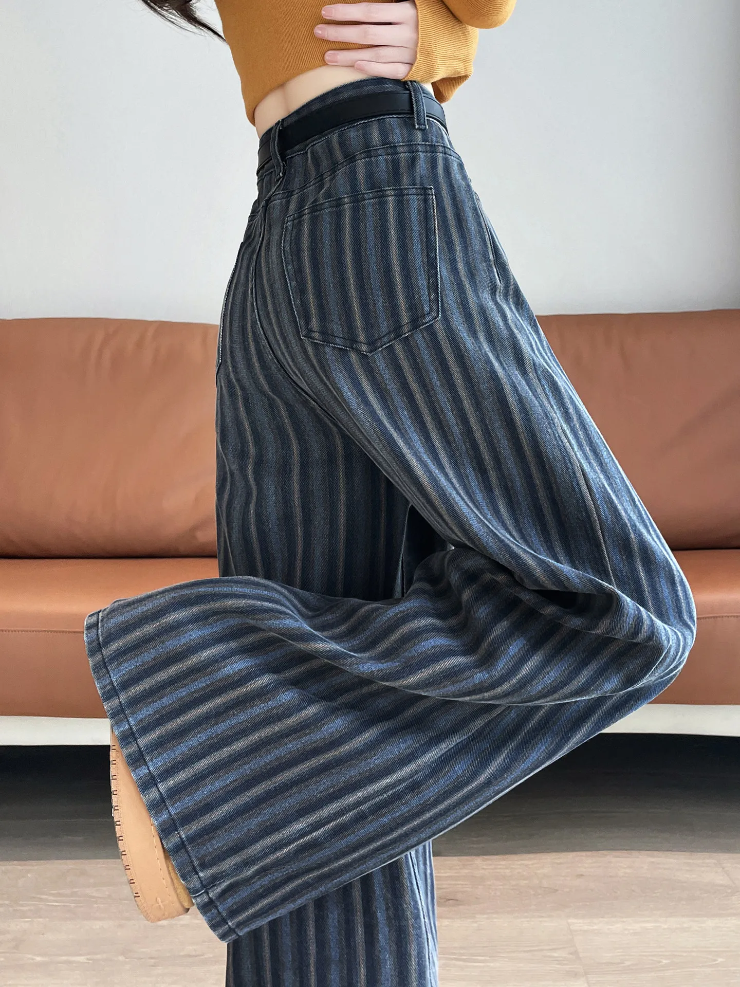 

New Spring Autumn Striped Jeans For Women High Waist Wide Leg Pants Casual Loose Straight Denim Trousers Streetwear