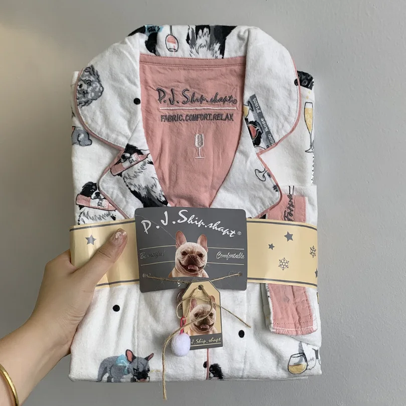 Cotton Pajamas Suit Spring Autumn Home Clothes Lady Cute Cartoon Print Nightwear Luxury Shirt Pants Girlfriend Gift Loungewear