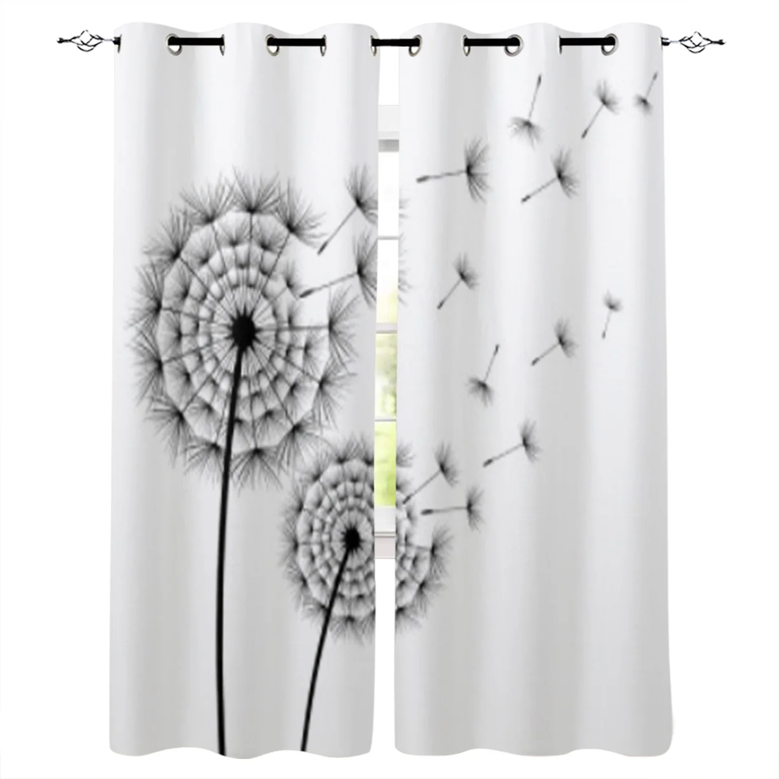 

Two Beautiful Stylized Black Flowers Dandelions And Flying Fluff Window Curtains For Home Living Room Bedroom Curtains