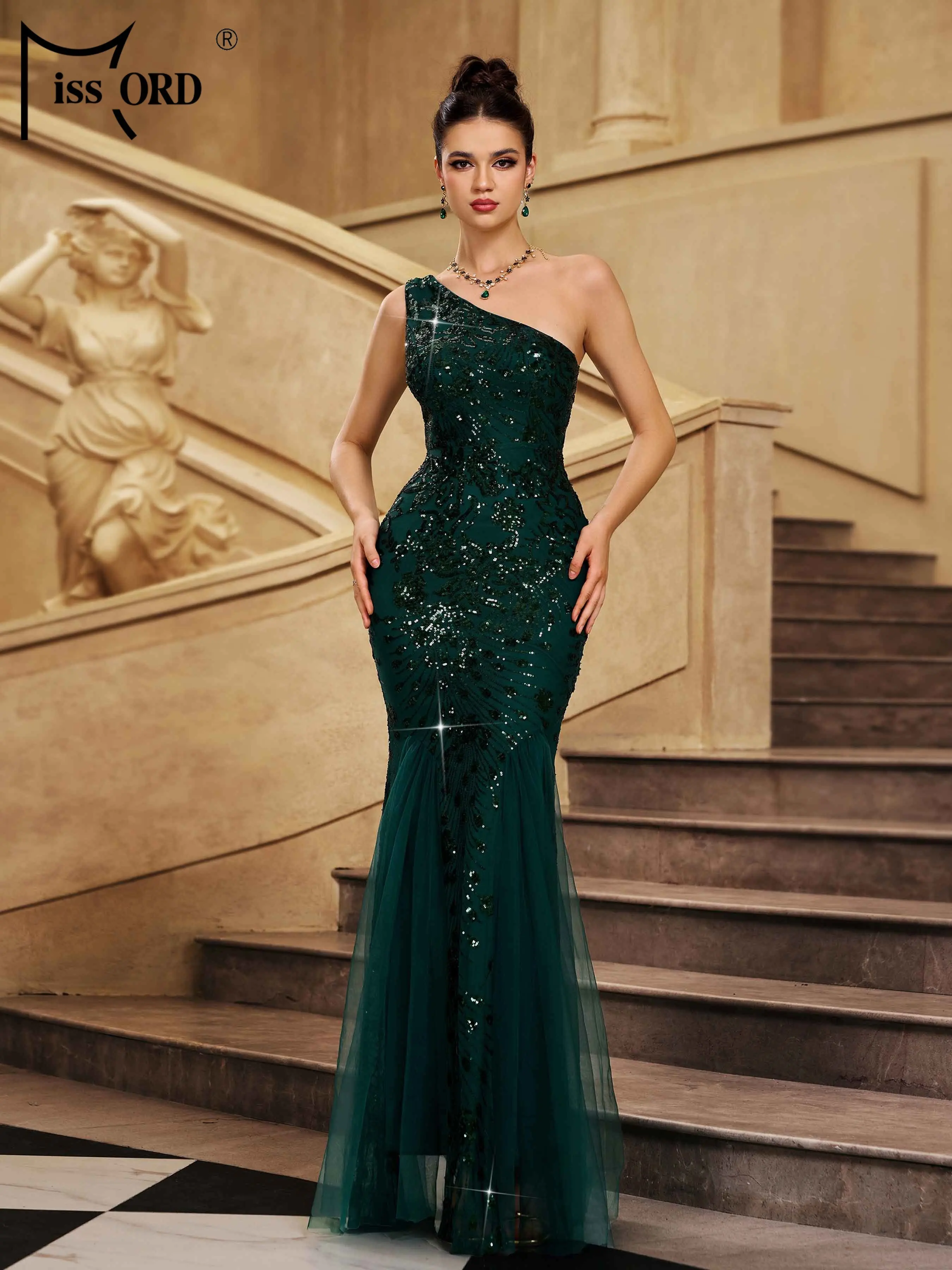 

Missord 2025 New Summer One Shoulder Sequin Mermaid Evening Gown Wedding Birthday Party High Quality Luxury Maxi Dress