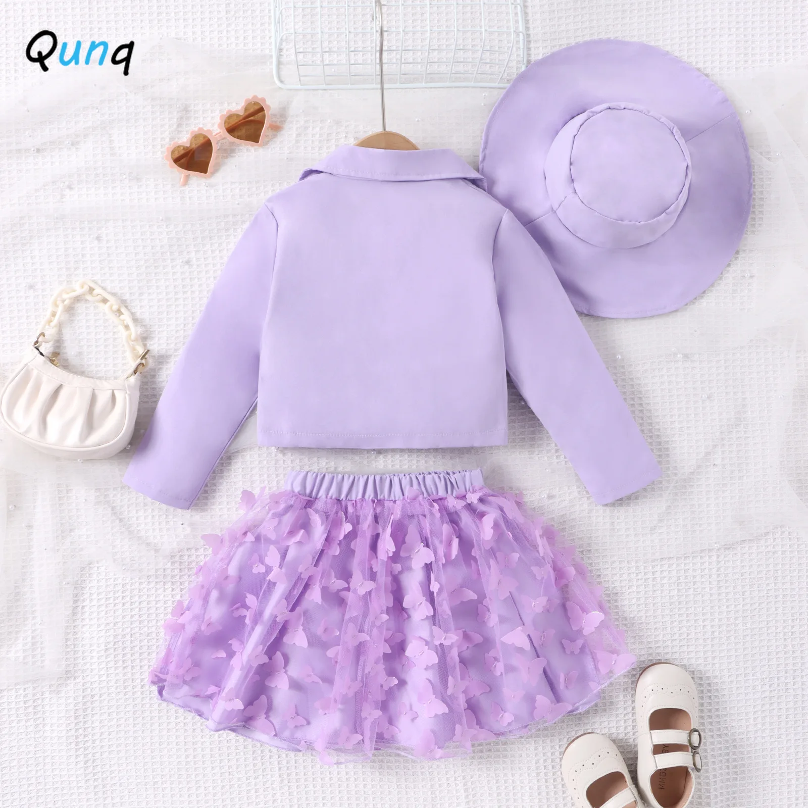 Qunq 2023 Autumn New Girls Long Sleeve Suit Coat+Mesh Splice Pompadour Skirt And Cap 3 Pieces Set Causal Kids Clothes Age 3T-8T