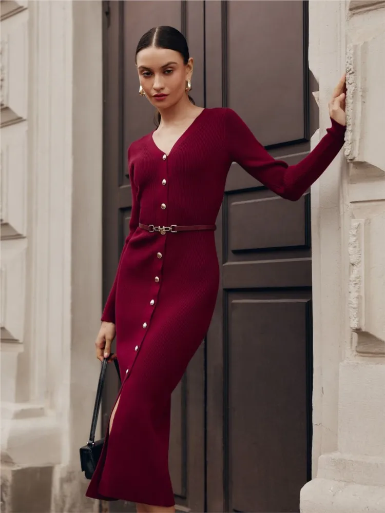 

Elegant Evening Dress Women V Neck Long Sleeve Button Sweater Dresses 2024 Autumn Winter Maxi Knitted Long Slim Robes Vestidos