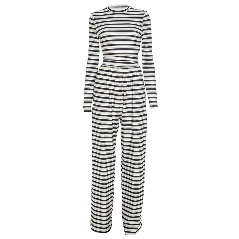 

Женская весенне-осенняя повседневная одежда из двух предметов, укороченные топы с длинными рукавами и полосатым принтом + широкие брюки с низкой талией, спортивные костюмы, уличная одежда