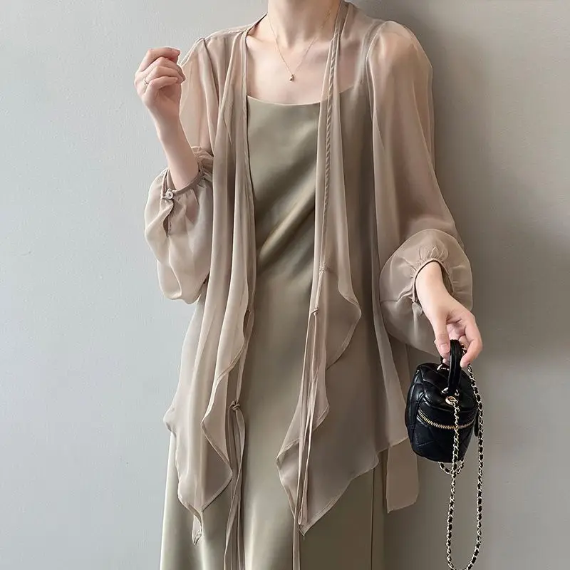 Summer Thin Ice Silk Lacing Cardigan Long Sleeve Solid All-match Loose Irregular Shirt Tops Temperament Fashion Women Clothes