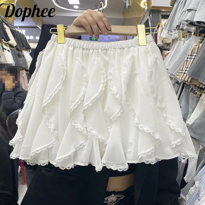 Dophee Irregular Lace Stitching White Chiffon Skirt New Spring Summer Elastic Waist Fairy Skirt Sweet Girl Short A-line Skirt