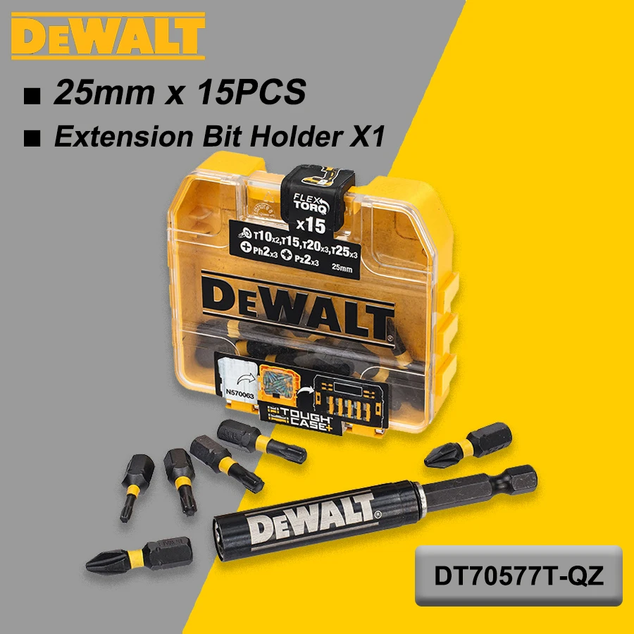 DEWALT 16PCS Original Screwdriver Bit Set 25mmX15PCS Torx/PH/PZ with Magnetic Extension Bit Holder DT70577T-QZ