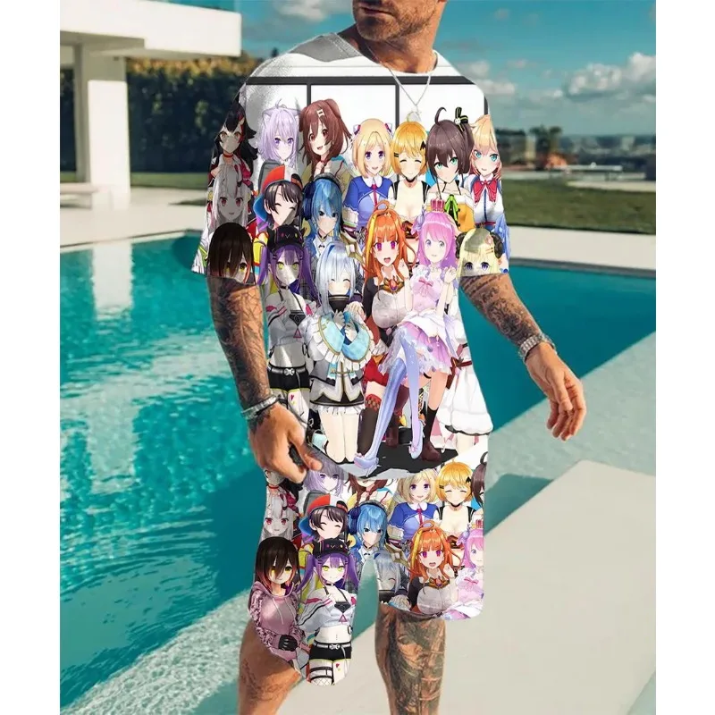 

2025 модная мужская трикотажная летняя футболка с короткими рукавами в стиле аниме с 3D принтом, быстросохнущий комплект из 2 предметов