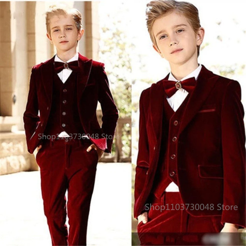 Abito da ragazzo formale in velluto bordeaux per matrimonio bambini Blazer da festa gilet pantaloni battesimo bambini Costume Gentlemen adolescente