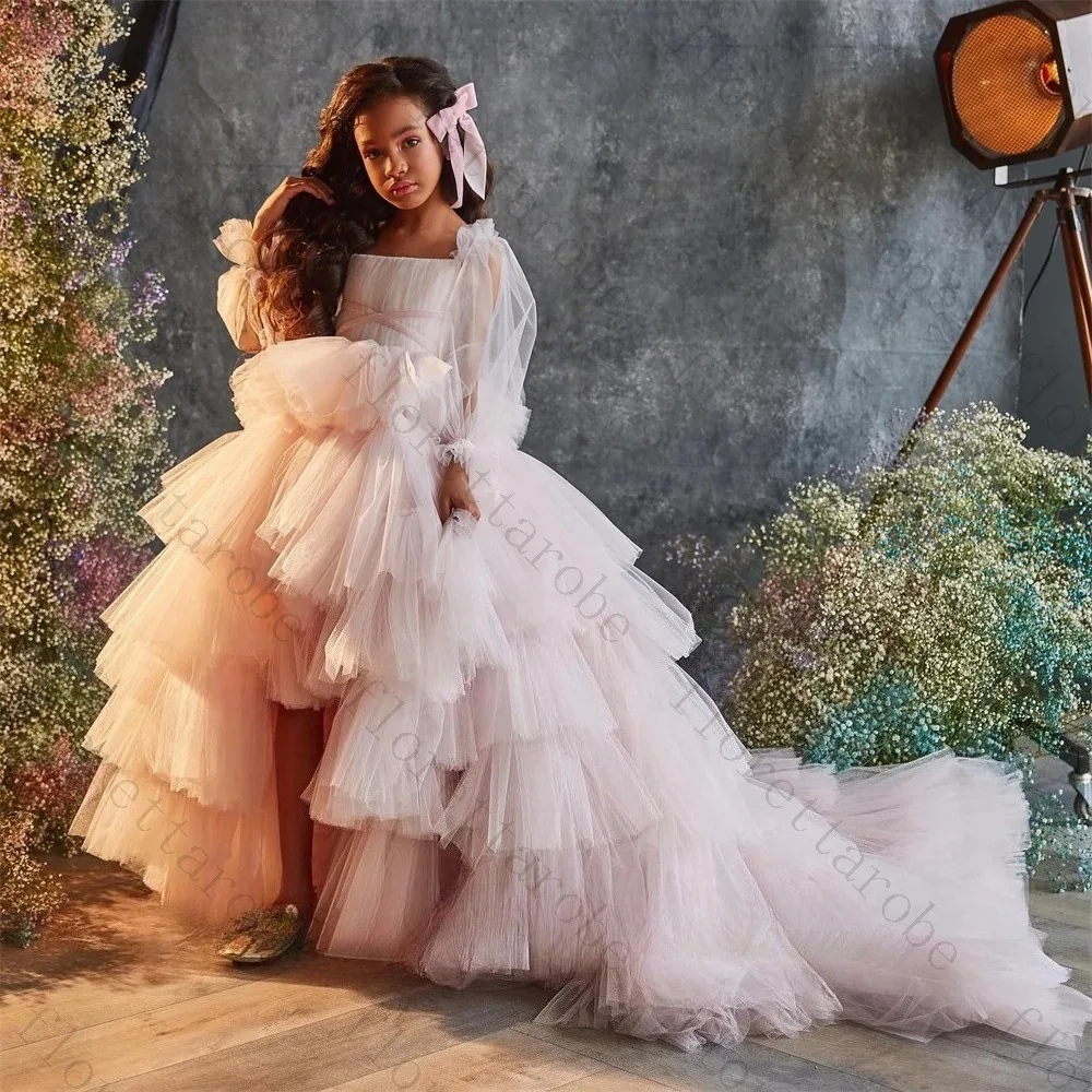 Customized Blush Pink Square Neck Kids Tulle Ball Gown Sheer Puff Long Sleeve Multi Layer Ruffle High Low Skir Birthday Wedding