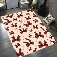 Sweet and Cute 2D Velvet Burgundy Bow Rug, Perfect for the Living Room, Bedroom, or Bedside, Adding a Festive Touch to Autumn and Winter. 3