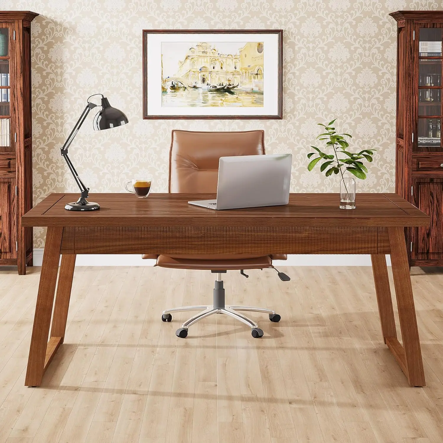 

Home Office Executive Desk: 55 Inches Wooden Computer Desk with Drawer, Mid-Century Modern Study Writing Table