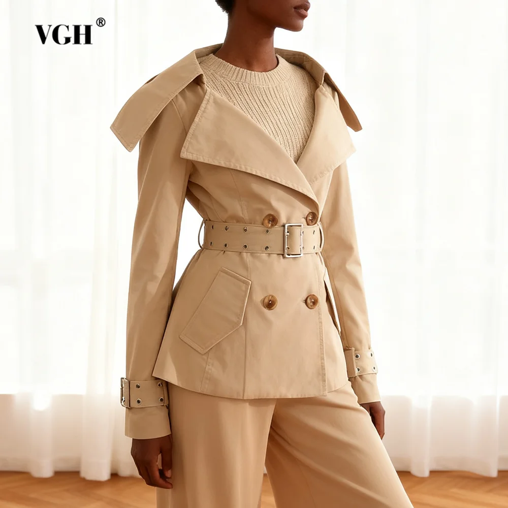 

VGH Двубортные однотонные куртки в британском стиле для женщин с v-образным вырезом и длинным рукавом, осенняя шикарная куртка, женская мода, новинка