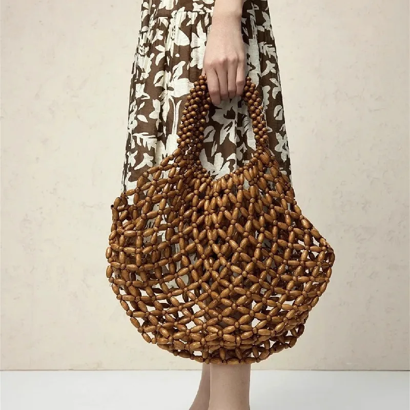

Простая повседневная сумка ручной работы с деревянными бусинами, новая ретро универсальная ручная женская сумка на плечо для летних каникул, сумка-ведро для воды