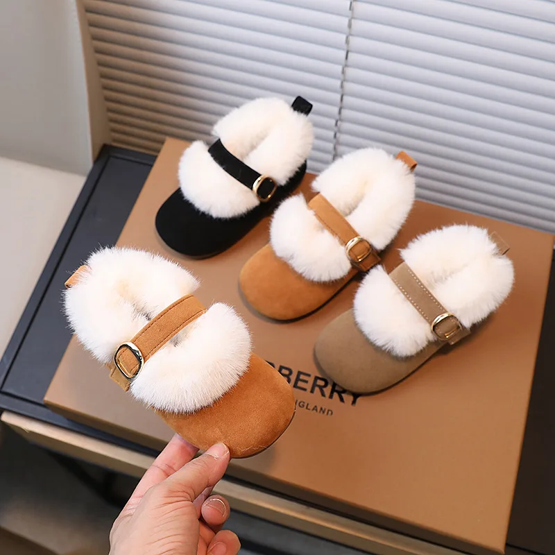 Kids Padded Warm Shoes Witner Children\'s Fur Flats Girls Fluffy Outdoor Cotton Casual Shoes Boys Faux Fur Boots 2-7 Years Old