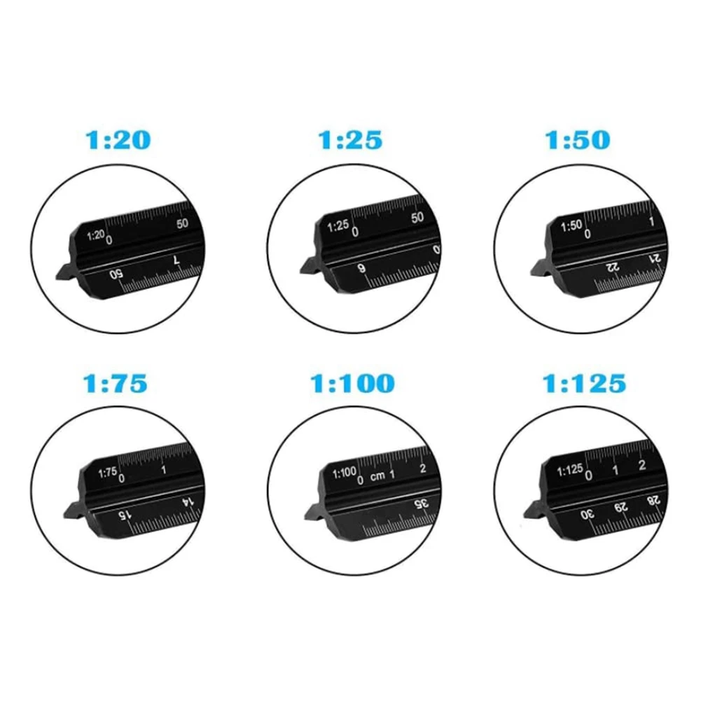 Architectural Ruler 30 cm Aluminum Triangular Ruler Various Scales 1:20, 1:25, 1:50, 1:75, 1:100, 1:125 for Architects
