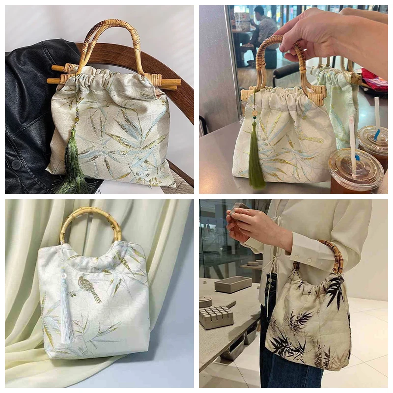 Retro Fashion Chinese Jacquard Bag Ethnic Style Hanfu Cheongsam Handbag Wrist Purse Literary Style Wooden Handle Tote Bags