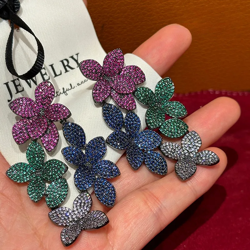 Multicolour Tassel Zircon Long Luxury Elegant Flower Earrings