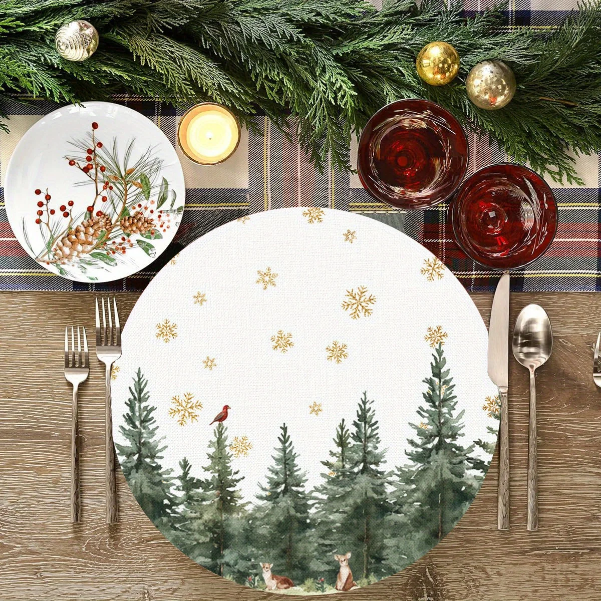 VIKAMA 4PC Forest Snow Scenery Meal Mat Pine Tree Snowflake Deer Dining Table Restaurant Christmas Party Decoration