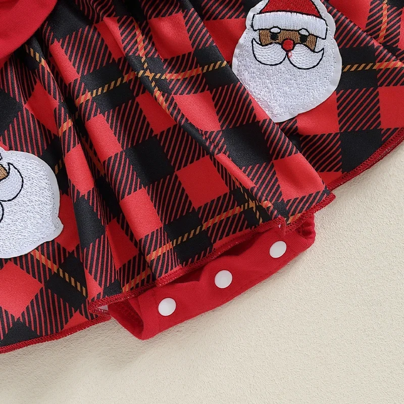 Chrismtas Newborn Baby Girls Rompers Clothes Red Plaid Santa Claus Print Long Sleeve Bowknot Patchwork Jumpsuits Headband image 6