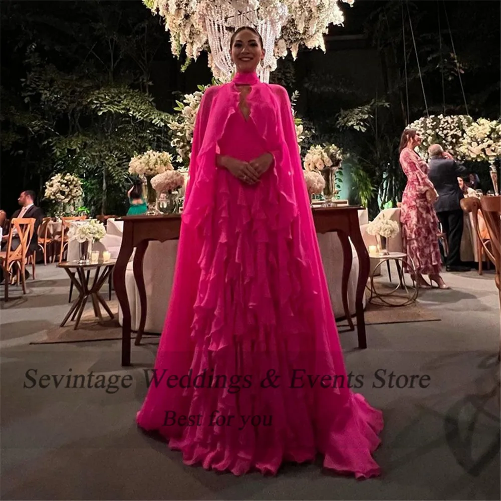 Sevintage Noble Fushia Chiffon Prom Dress A-Line Long Cape Ruffles Tiered Floor Length Formal Evening Dress Women Party Gowns