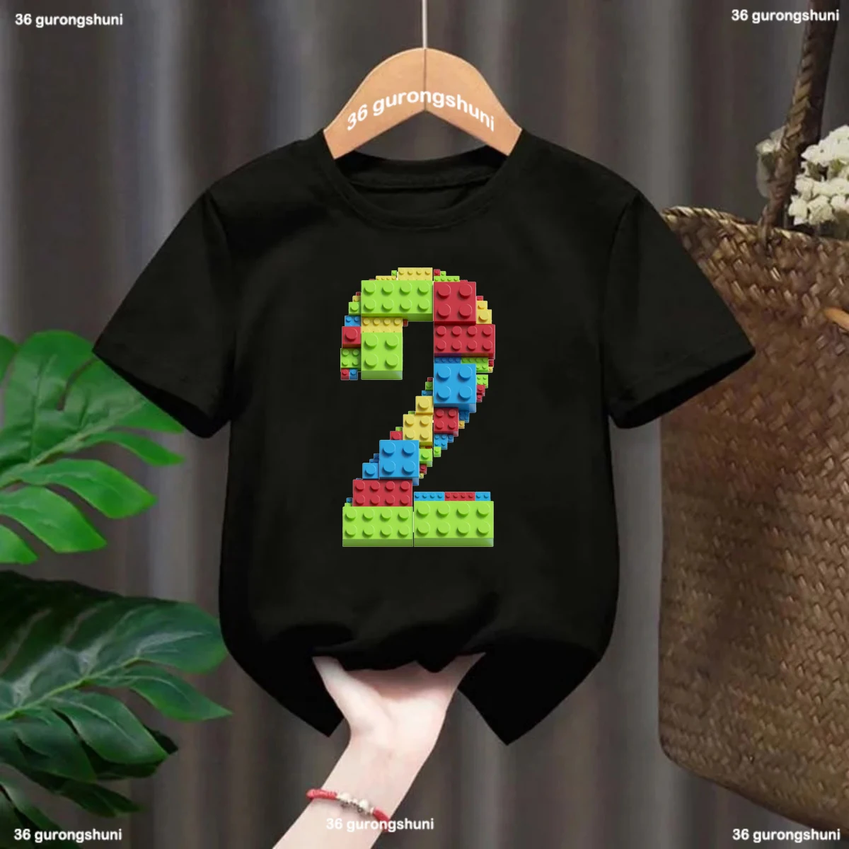 Funny T-Shirt For Boys Building Blocks Birthday Digital Print Tshirt Custom Name Cute Kids Clothes White Tshirt Tops